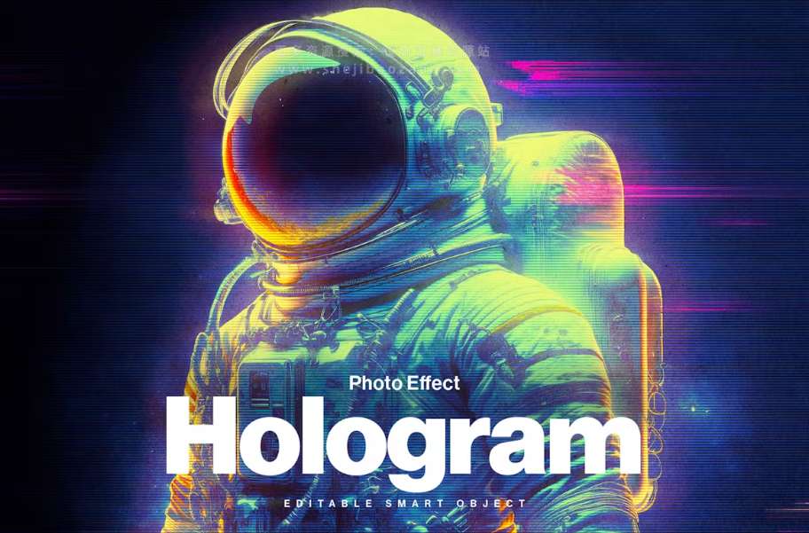 全息照片赛博朋克光影拉伸特效PS模版Hologram Photo Effect-精品资源站